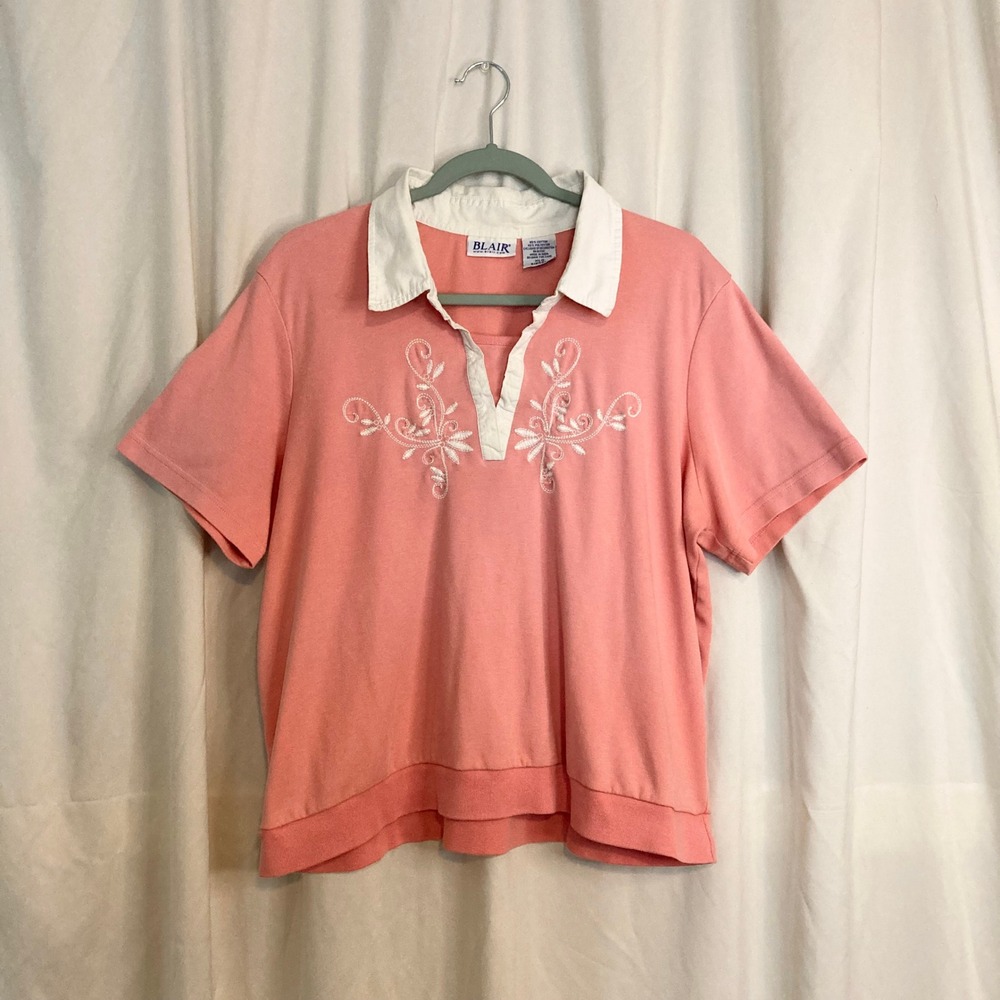 Vintage 90s Pink Embroidered Polo Shirt Blair XL Floral Cottagecore Grandmacore